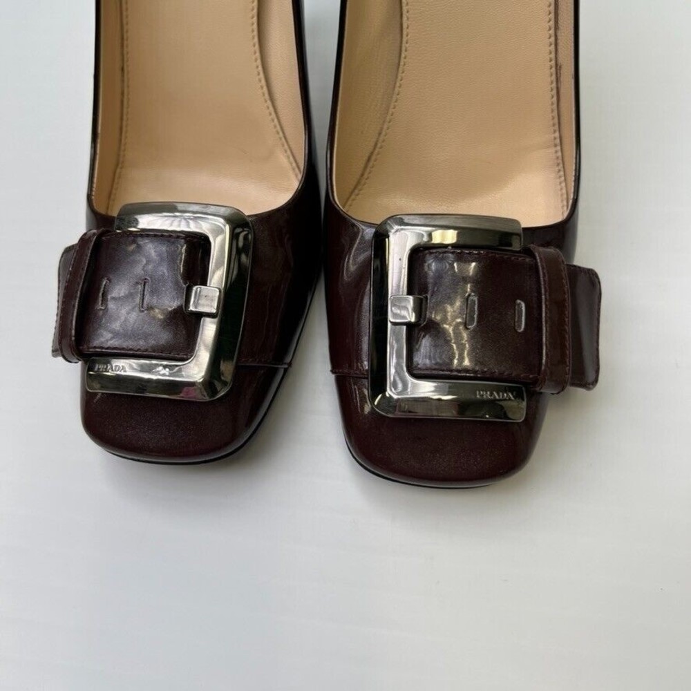 Prada Pump Women 7.5 Leather Patent Italy Buckle Square Heel Shiny Ombre Core Go - Picture 3 of 14